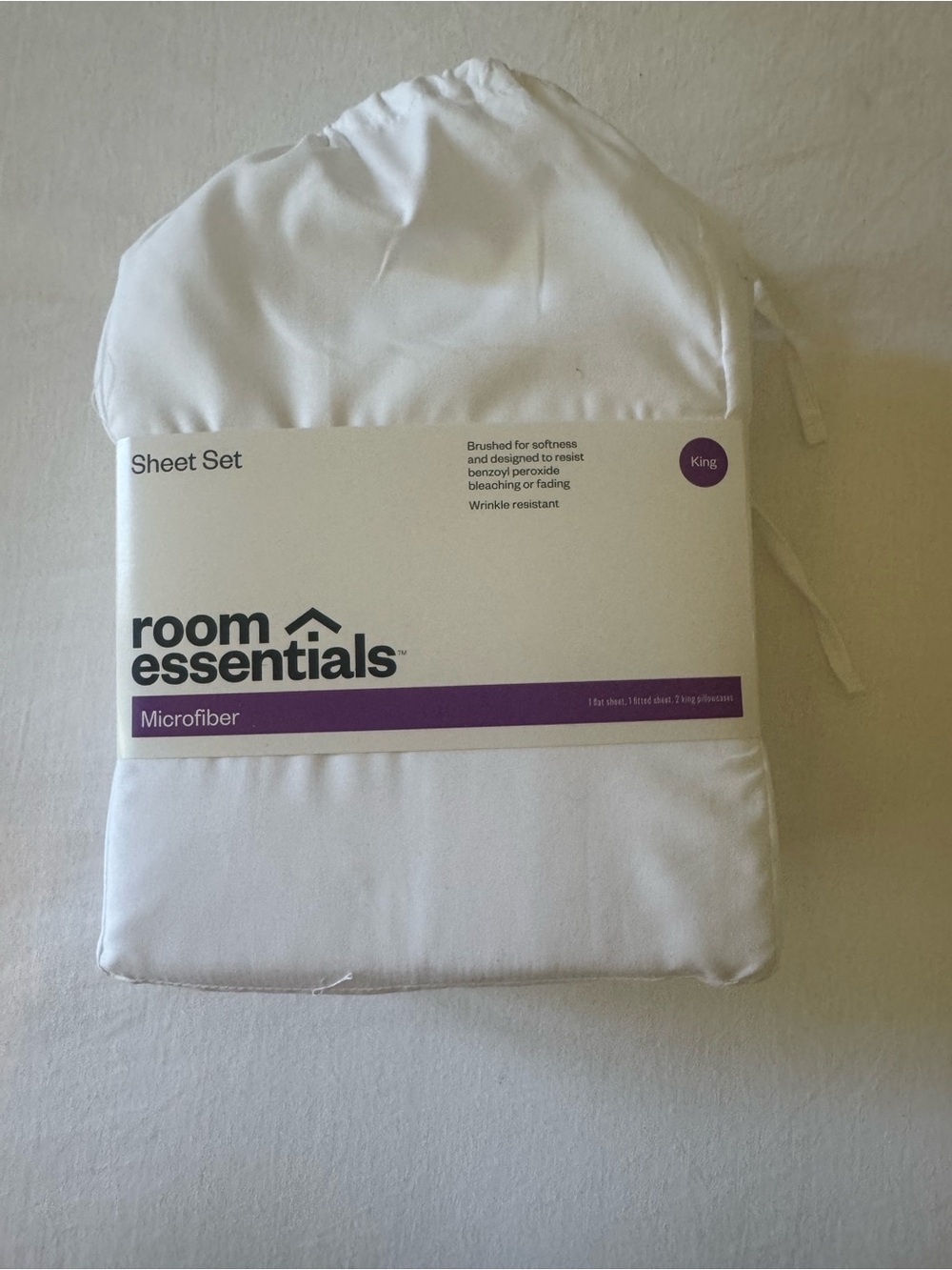 Room Essentials White Microfiber King Sheet Set with Purple Accent Band